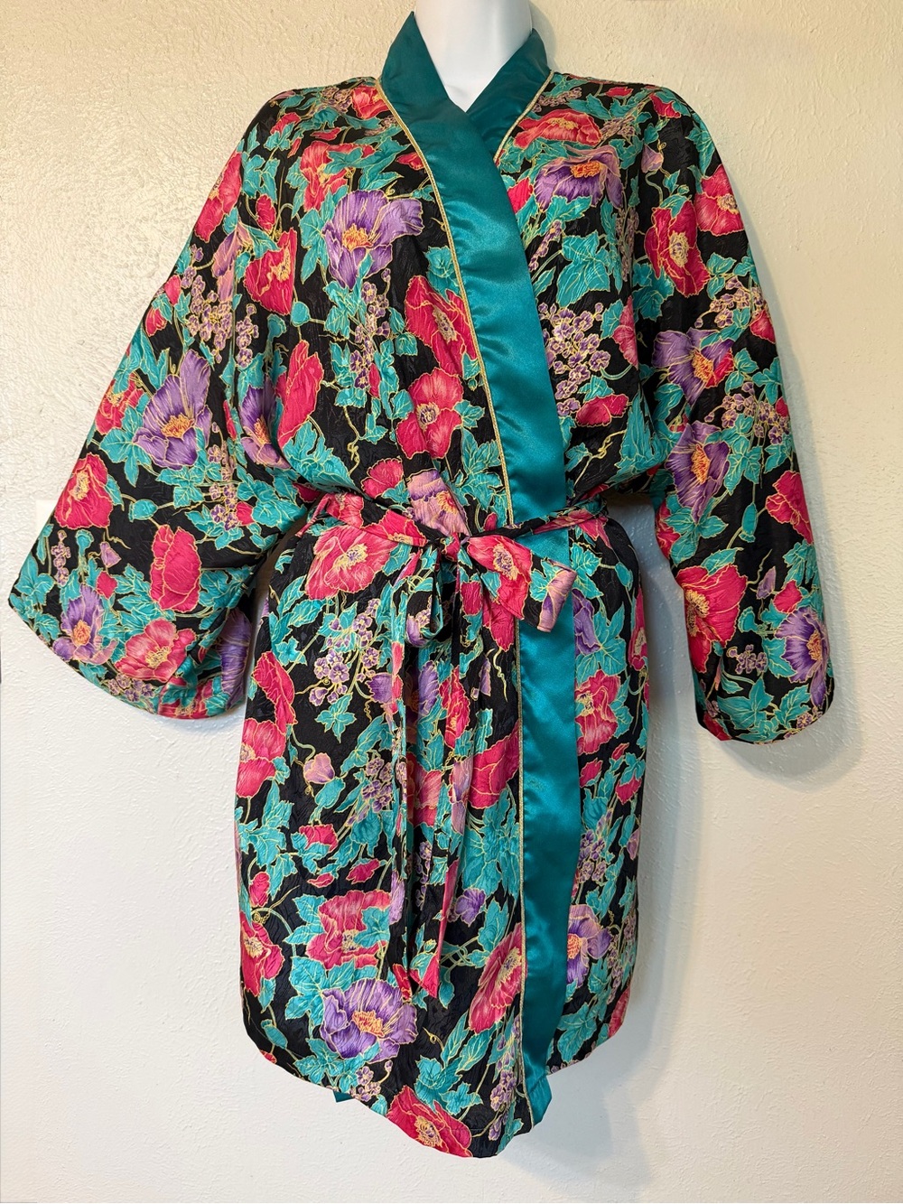 Vintage Interludes by Cira Oriental Floral Poppies Satin Dressing Gown Robe Sz M - Picture 4 of 12